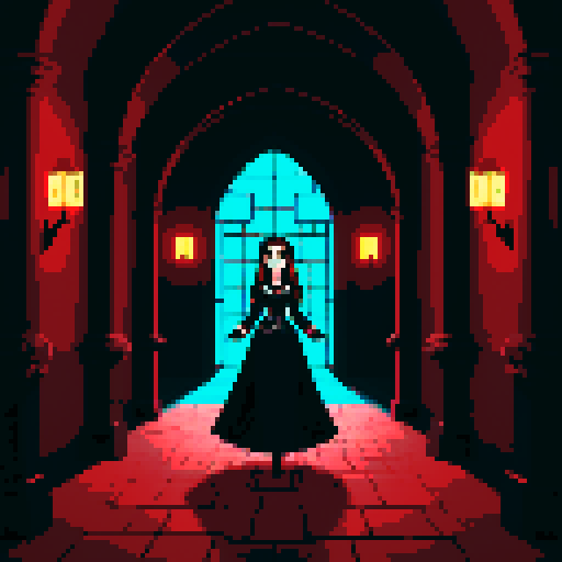 A lady vampire walking through old castle hallways