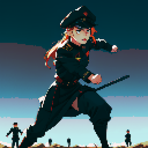 full-body image, military general woman, black uniform, black hat, muscular, evil, facing left, ready to fight, fists up, war background, battlefield, warfare, soldiers behind her, lineup of soldiers