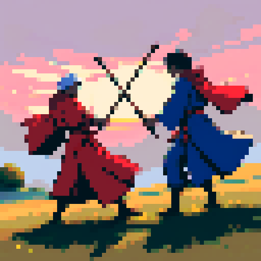 Two individuals are engaged in a playful duel in a rustic, open field at sunset. They are energetically brandishing brooms instead of traditional swords. One person, wearing a flowing blue robe, has a focused, competitive expression. The other, in a vibrant red cloak, exhibits a joyful grin. The setting sun casts dramatic, elongated shadows on the grass, enhancing the scene with a warm, golden light