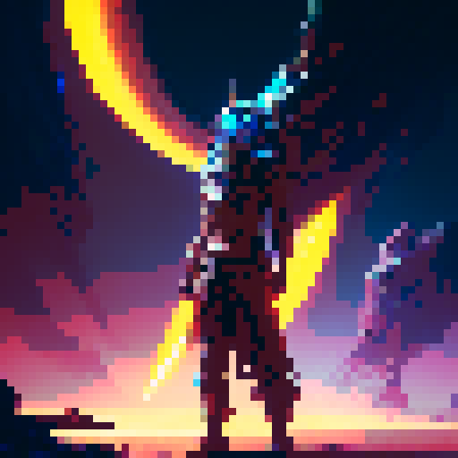 Brave warrior of the sandy desert, adorned in flowing robes and ornate armor, poised to strike with a fierce blade, surrounded by swirling neon sandstorms in a futuristic, cyberpunk art style.