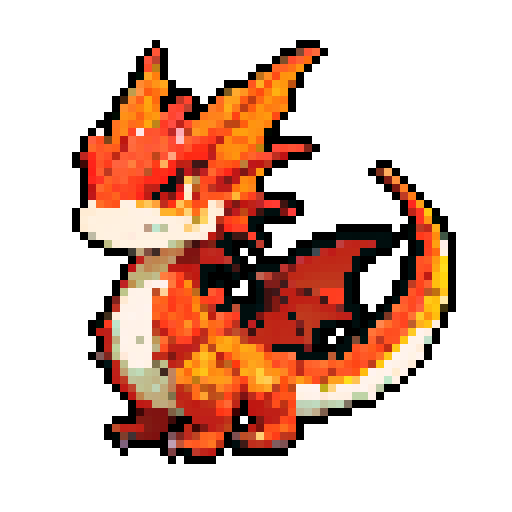 A medium-sized dragon with shimmering red and orange scales. Its wings are fully developed, and it has a fierce expression with flames flickering around its mouth. Its eyes glow with an inner fire, and it stands ready to unleash its fiery breath. No background.
