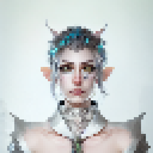 Create a portrait photo of a fierce elf warrior with long, piercing green eyes, standing proudly in front of a mystical forest backdrop, wielding a glimmering silver sword and wearing intricately designed leather armor that's adorned with glowing blue gems, all in the style of a classic fantasy RPG game.