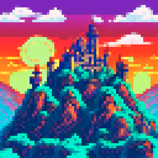 medieval castle, hilltop, small village, palisades, sRGB, pixel art, background, landscape