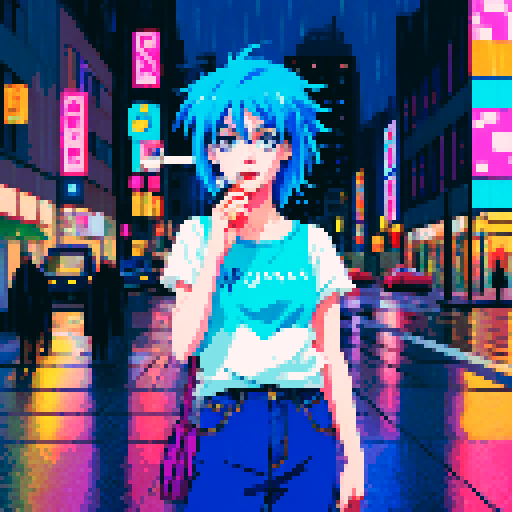 Blue haired 90s pop girl, smoking a cigarette, downtown, in the rain, gritty, nighttime