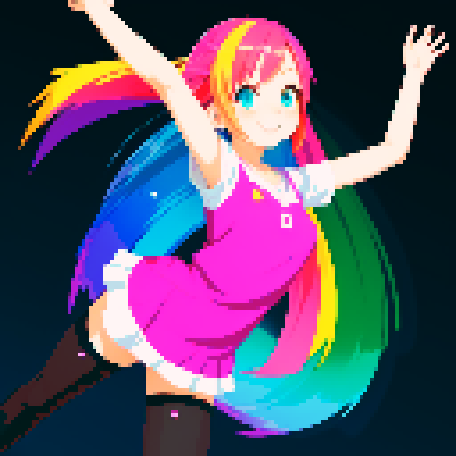 An anime style girl with bright hair, expressive eyes and playful smile stretches out her legs in stockings made in bright sRGB color space