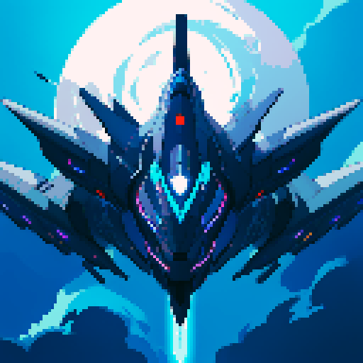 futuristic spaceship, topview, sleek and streamlined, hovering mid-air, dark blue colors, sRGB aesthetic, pixel art