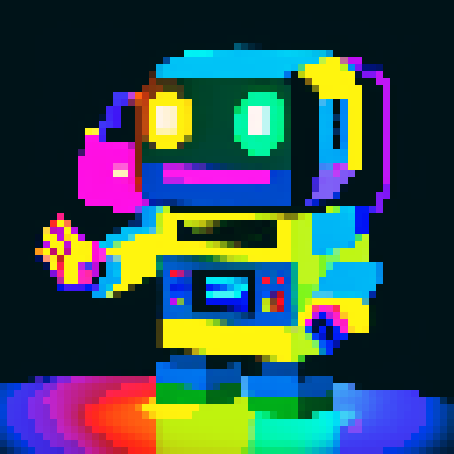 friendly robot, waving hand, colorful lights, retro computer, pixelated landscape, sRGB palette