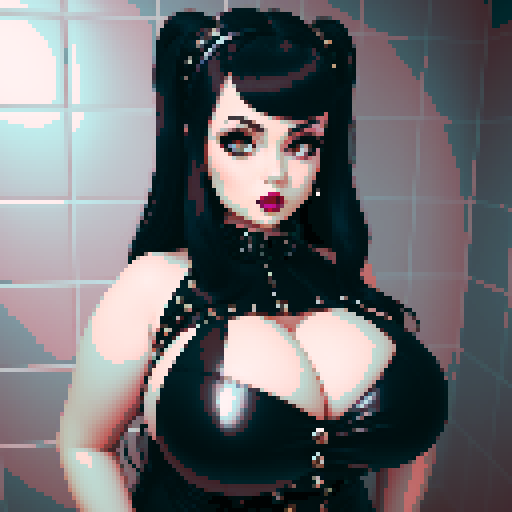 curvy, busty goth babe with studded collar. big titty goth, in a close up glamour shot. Wearing Halter top. modern tile backsplash.