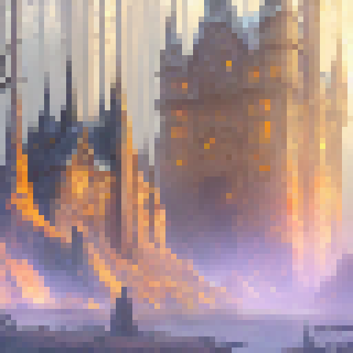 "Amidst the red flames of the dark and eerie forest, misty tendrils twist and writhe around a towering castle nestled in the trees - a scene straight out of a fantasy RPG."