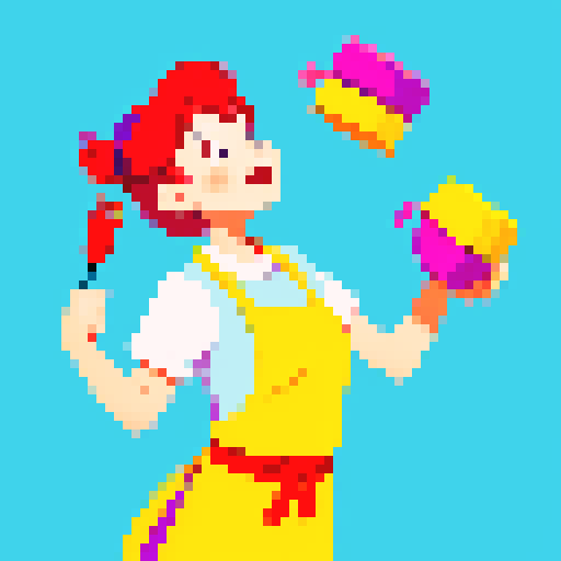 Cute, vibrant, playful chef, apron, juggling utensils, pixel art, colorful, character facing forward, character looking up concentrating on juggling, no background