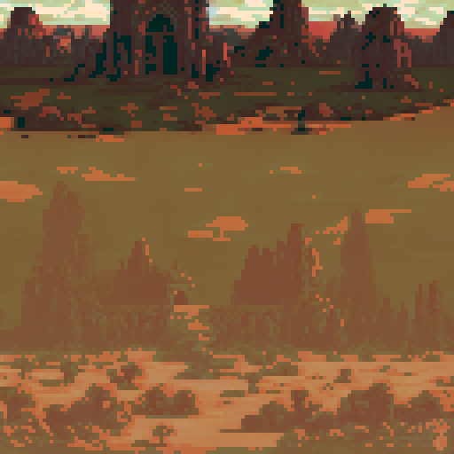 Desert-like battlefield with reddish-brown earth and scattered stones, leading to a mystical village. Ancient structures with arched doors and carved details stand among stone pillars and barren trees. A warm, dusty sky creates a surreal atmosphere, blending earthy tones with hints of mystery and decay.