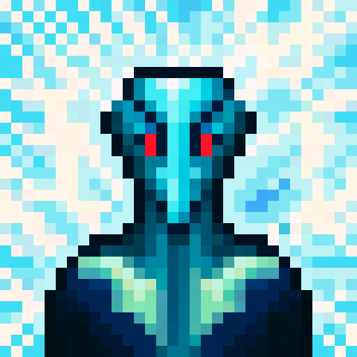 Alien creature with distinctive appearance, advanced civilization features, wielding futuristic laser beam weapon emitting vibrant energy beam, in a dramatic otherworldly landscape with strange plants, unusual terrain, multiple moons, portrayed in game icon style, 32x32 pixel art, sRGB, skill art, close up portrait