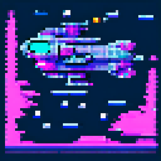 16-bit pixel art small spaceship, blocky silver hull with tiny rust dots, glowing cyan engines on the back, flying fast with a thin cyan-magenta hyperspace trail streaming behind it, no background, SNES retro style, 64x64px grid, limited 8-color palette, sharp pixel edges, minimal detail.”

