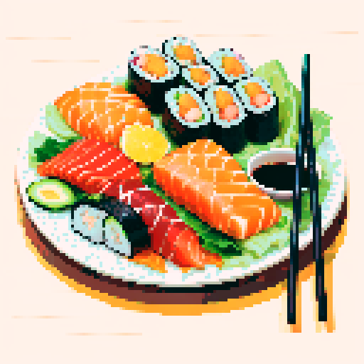 Sliced fresh salmon, vibrant green avocado, and delicate orange roe artfully arranged on a sushi platter, capturing the essence of a pixelated masterpiece in the sRGB color space
