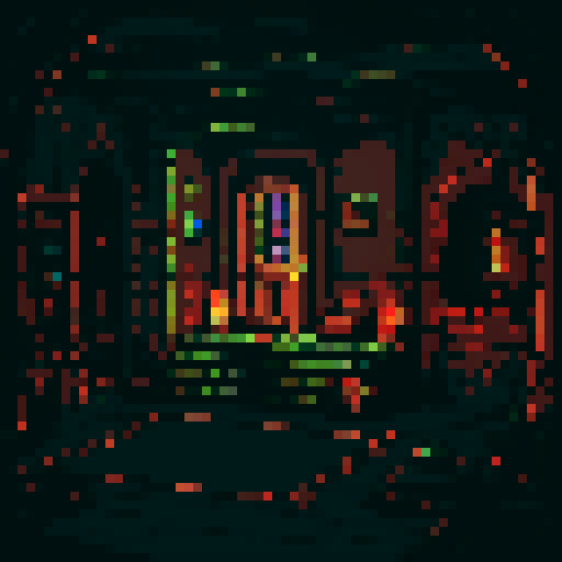 8-bit style with vibrant, retro colors, showcasing a pixelated dungeon room, reminiscent of classic video games