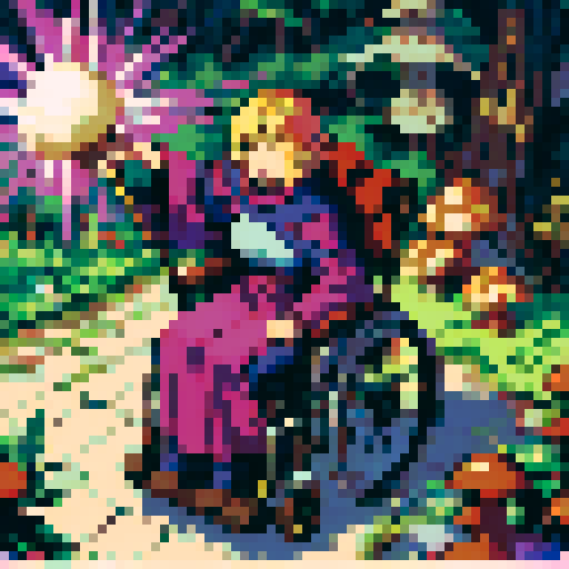 wheelchair-bound mage, staff, sunny forest, mushroom, sRGB, pixel art
