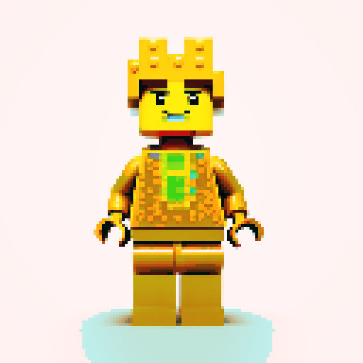 lego pixel, vibrant colors, blocky shapes, small plastic bricks, isometric perspective, retro video game, low resolution, 8-bit graphics, sharp edges, square grid, limited color palette, nostalgic feel, brick-built characters, iconic lego logo, digital recreation, detailed textures, crisp lines, simplified forms, nostalgic gaming vibes gold color body 