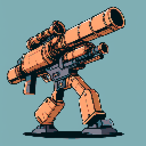 I want a big copper minigun viewed from from the side. It should not be on a stand but instead floating in the center of the frame. It should have strange mechanical details that could interlock with others. I want this object usable an asset in a videogame, meaning only one object per image, outlined with a strong black stroke, on a solid-color background. 