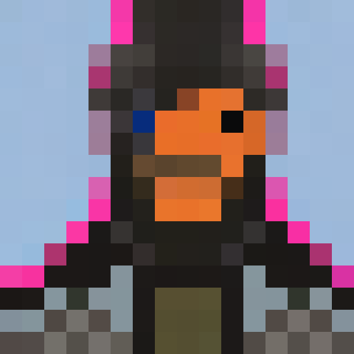 Crow's sharp beak, dark feathers, and piercing gaze staring straight ahead in a 16x16 pixel art portrait