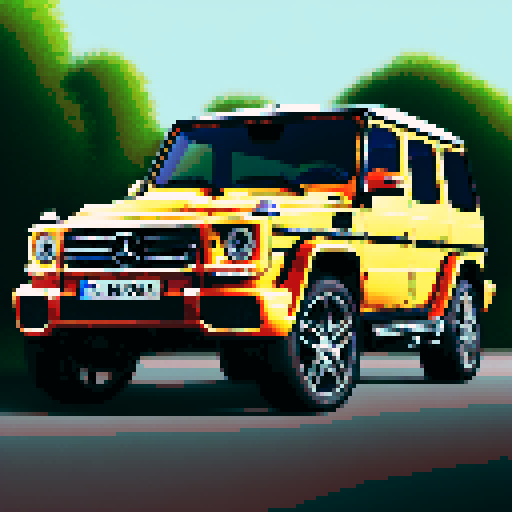 Photorealistic whole Mercedes-Benz G class, three-quarter view, right front wheel, clean background, sRGB colors, pixel art style