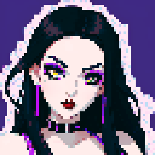 curvy, busty goth girls face, whole head portrait, black hair, purple eyeshadow, red lipstick, purple bikini, studded collar, vibrant srgb colors, edgy aesthetic. 16 bit, anime style
