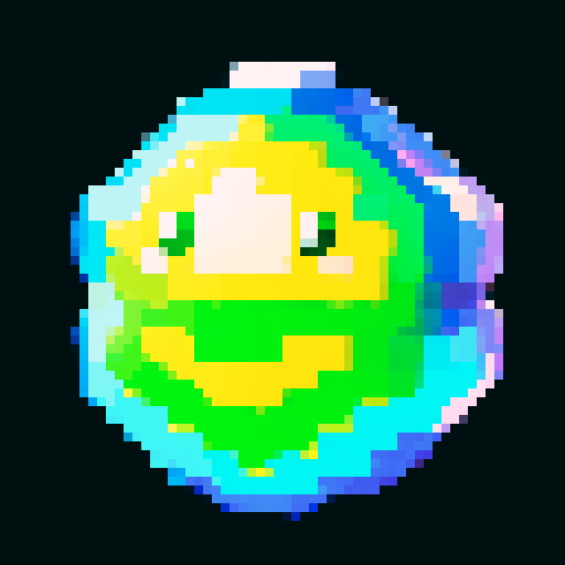 A sparkling, semi-transparent slime with a crystalline structure. It has shimmering facets, bright eyes, and a cheerful smile, with light reflecting inside. No background.
