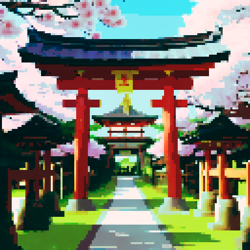 golden shinto shrine, torii gate, golden shinto gate, with a shimmering golden chest behind the gate, cherry blossom trees, lanterns glowing, traditional architecture, intricate details, vibrant colors, pixel art, sRGB