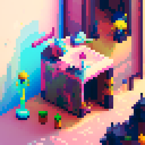 A mischievous, neon-colored pixelated cat clutching a glitchy fish in a retro, arcade-style pixel art world
