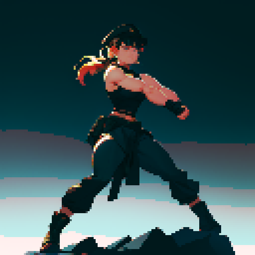 full-body image, muscle girl, female, thick biceps, big shoulders, big fists, muscular physique, thick waist, facing left, ready to fight, exaggerated proportions, black military uniform, black hat, military backdrop, sRGB, pixel art, no background, no backdrop, facing left, fists raised, ready to fight