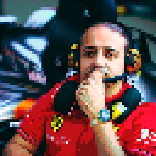 F1 engineer in the pitlane, brown beard, in its 30s.