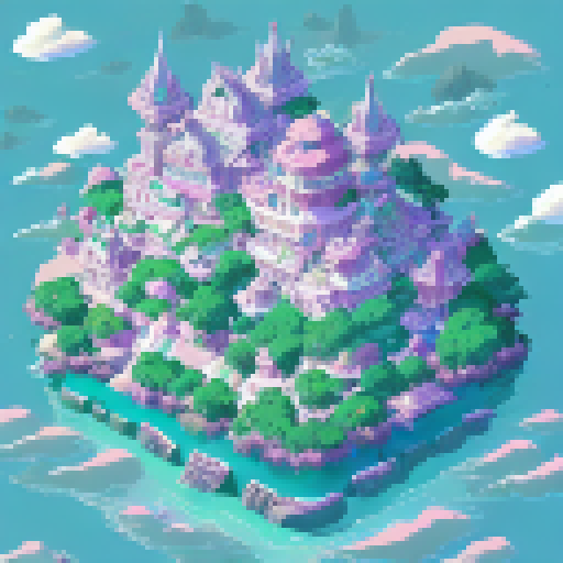 Vibrant, pastel-coloured floating islands, each meticulously detailed and surrounded by fluffy white clouds, rendered in the whimsical, anime style.