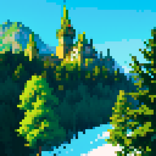 Knight sleeping, tree with lush green leaves, castle with towering spires, snow-capped hills, vibrant pixelated art style, sRGB background