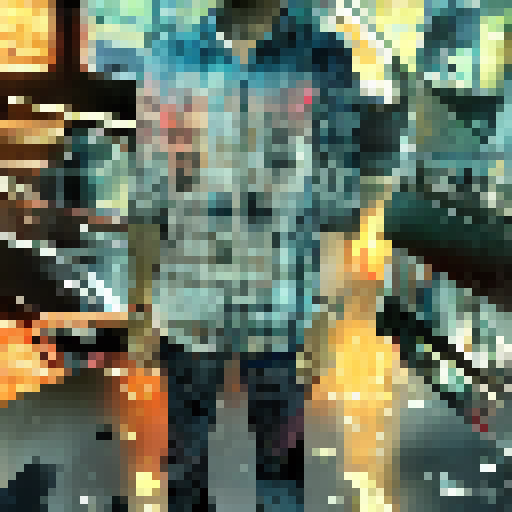 Neon-lit skyscrapers loom above a gritty, rain-soaked alleyway as a lone figure in a trenchcoat and cybernetic enhancements surveys the cityscape.