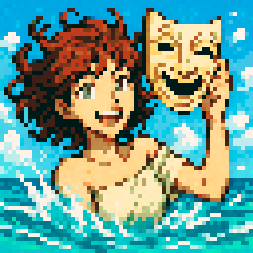 medium length wavy brown hair, falling into the ocean, smile on face, Greek comedy mask, gray eyes, anime style vibrant,