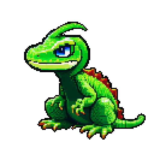 anthropomorphic lizard with cap, minimalistic, dark colors, pixelated details, retro video game style, vibrant green scales, expressive eyes, cap with a pixelated design