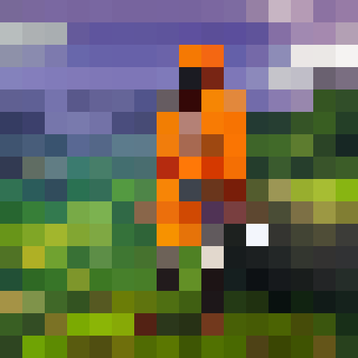 Turbaned Sikh warrior in fiery orange robes stands atop a rocky outcropping overlooking a lush green valley, holding a gleaming curved sword and gazing out with a fierce determination in a portrait-style image.