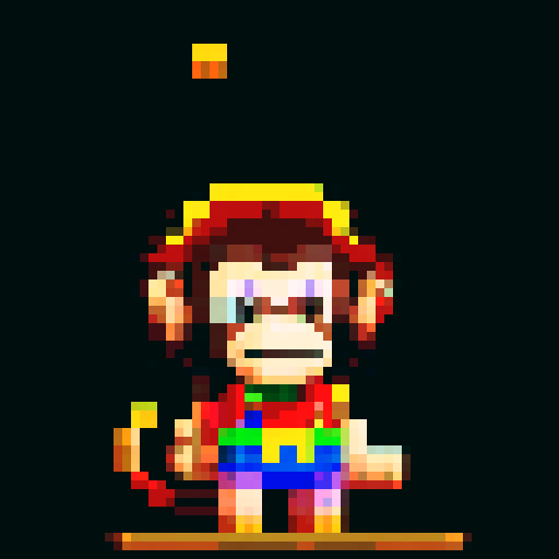8-bit pixel art monkey with vibrant colors, expressive face, dynamic pose, and detailed fur, against a minimalistic white background, capturing the essence of the RPG Maker game style