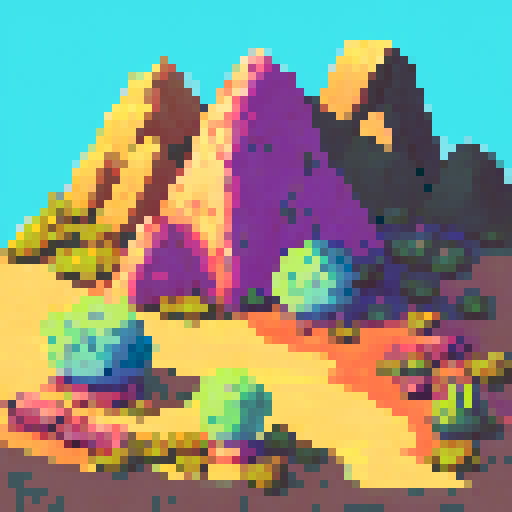 16 bit pixel art background of a desert landscape with a couple of cactus with a flat part for people to stand on in the foreground and desert mountains and rock structures in the background