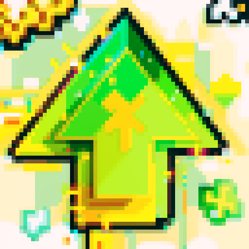 A glowing, upward-pointing arrow with a thick black outline, filled with vibrant green and yellow gradients, overlaid with small clover-like sparkles and surrounded by a splash of yellow and orange energy.