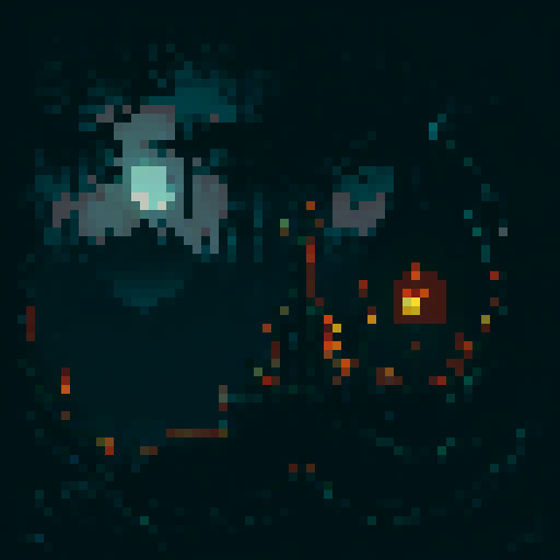 Gloomy dungeon with dark colors, pixel art, top-down view, sRGB, featuring a haunting background and eerie landscape