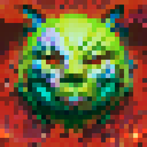 A twisted green Hei Tiki head, wide-eyed and contorted, exuding a mix of mischief and madness, stylized with bold lines and exaggerated features with dark brown māori carving background.