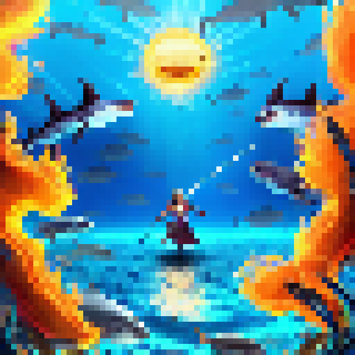 Island queen wields fiery sword, battling sea monsters as the sun beats down on her, surrounded by a school of bloodthirsty sharks.