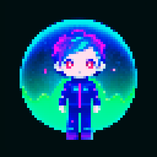 Space creature galactic chibi boy of the stars, vibrant colors, adorable expression, large anime eyes, spherical body with pixelated details, glowing neon outlines, shining starry backdrop