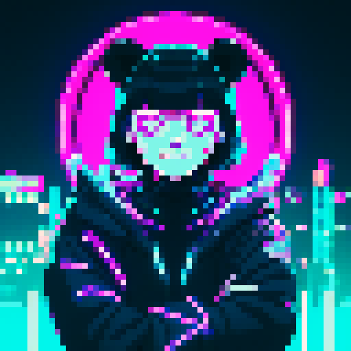 Fierce smiling teddy bear, blade runner, cyberpunk, aetherpunk, cloudy, dark colors, neon lights in background