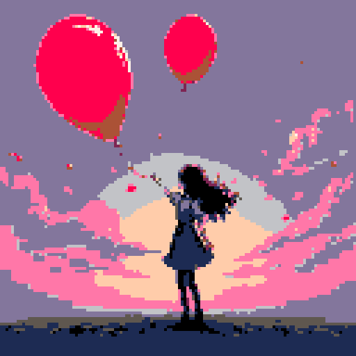 girl with long flowing hair, letting go of a vibrant red balloon, creating a dreamy and nostalgic atmosphere, all in the vibrant sRGB color space