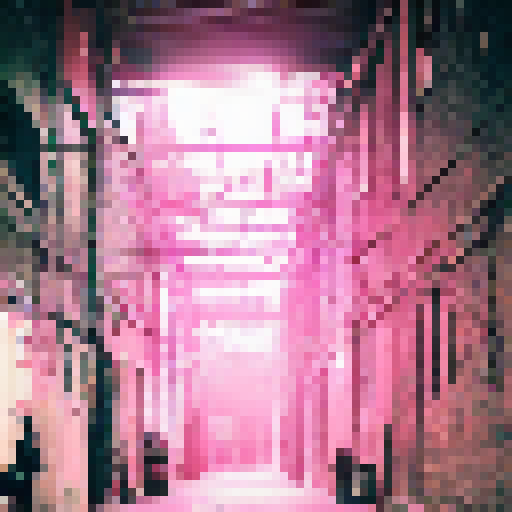 Gritty, neon-lit urban city alleyway at night, with overflowing trash cans and flickering lights creating an eerie and mysterious atmosphere.