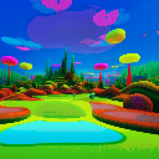 Hallucinogenic golf course, vibrant colors, swirling fairways, psychedelic trees, pixelated golfers, neon golf balls, glitchy water hazards, trippy sand traps, retro clubhouse, kaleidoscopic sky, pixel art masterpiece