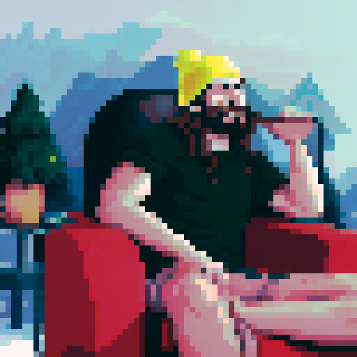 crazy long brown hair, cool guy thinking in his chair, pixel art, sRGB, small room landscape, yellow beanie hat, scratching his chin, pixelated backdrop, vibrant colors