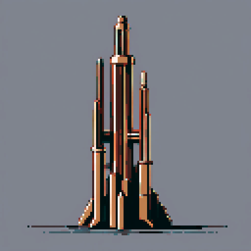 I want a tall vertical copper structure reminiscent of a organ pipe. It should have strange mechanical details that could interlock with each other. I also want this object usable an asset in a videogame, meaning only one object per image, outlined with a strong black stroke, on a solid-color background.