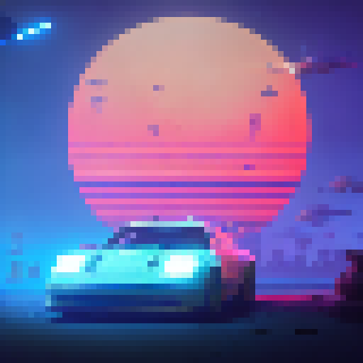 "Create a vibrant, retro-inspired pixel art car design with a sleek, aerodynamic body, bold racing stripes, and glowing neon accents against a futuristic, neon-lit cityscape backdrop."